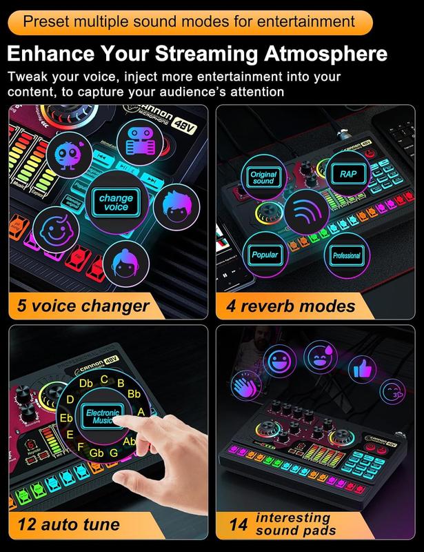 Tenlamp Podcast Equipment Bundle, X5 Audio Interface with Mixer & Vocal Effects, Sound Board Voice Changer, Studio All-in-one XLR DJ Mixer for Phone PC Live Streaming Recording Gaming (X5-Black)