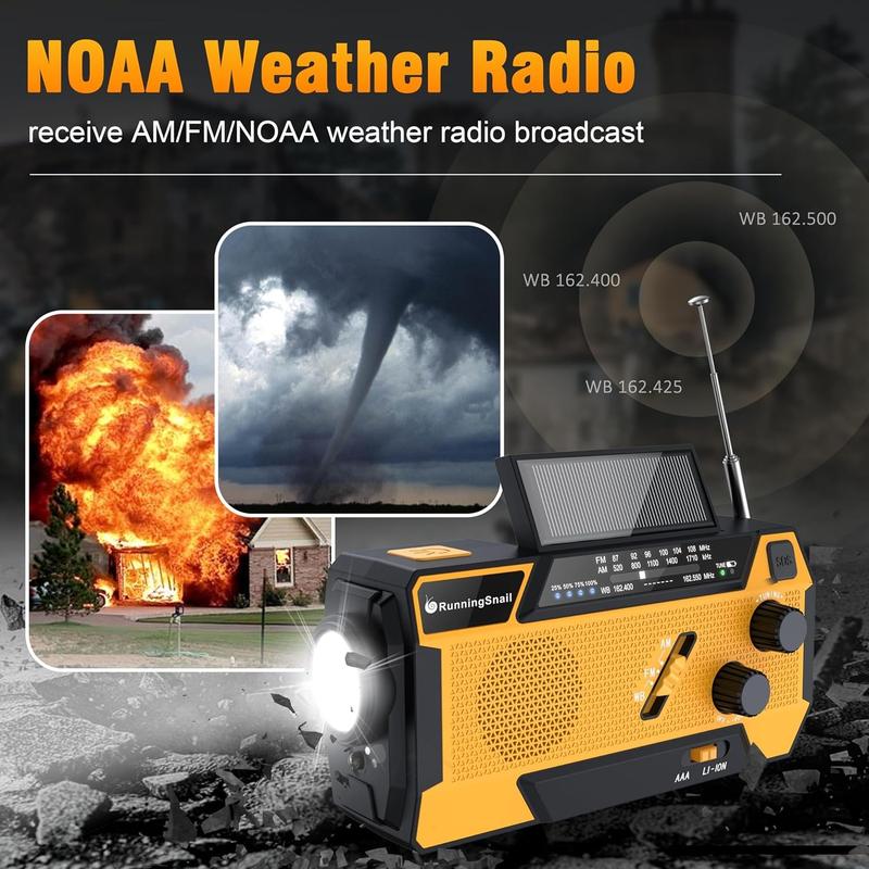 2000mAh Solar Hand Crank Weather Radio, AM FM NOAA, Flashlight & SOS Alarm for Hurricane Preparedness & Outdoor Emergencies Solar Hand Crank Emergency Radio