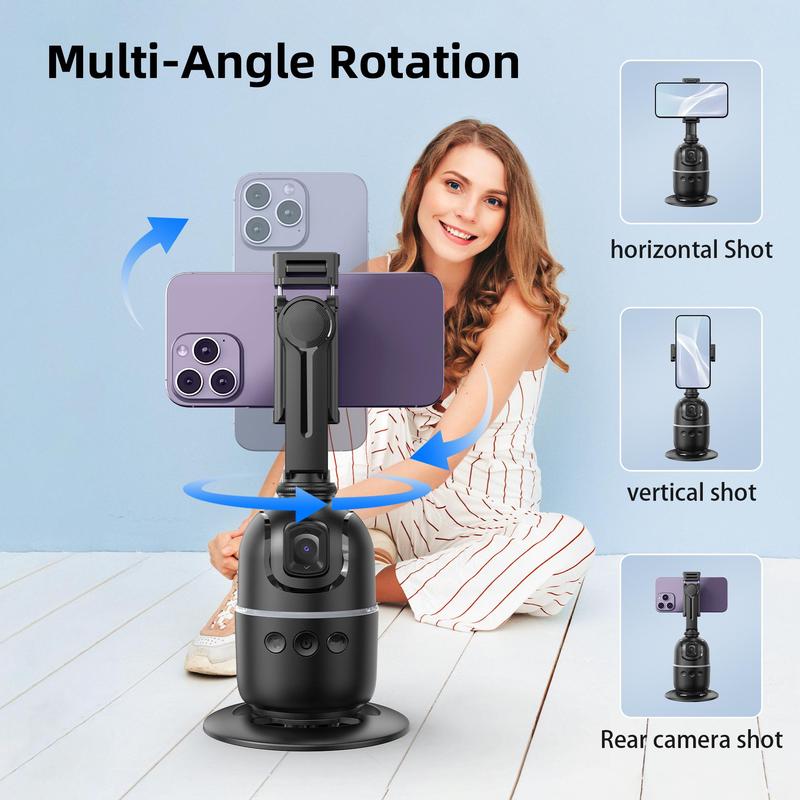 Auto Face Tracking Tripod, 360° Rotatable Phone Camera Stand with Gesture Control & Colorful Light Ring, Rechargeable Auto Tracking Phone Holder for Vlog