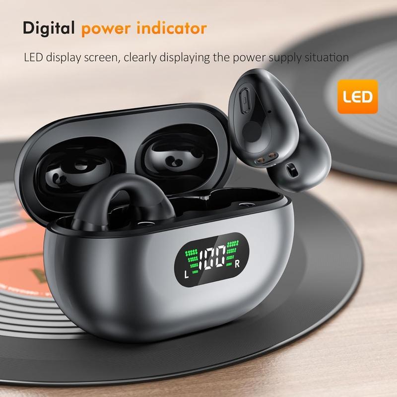 Open ear bone conduction headphone clip on headphones, wireless headphones 5.3 with LED display charging case 60 hours playback time Earbud Electronic