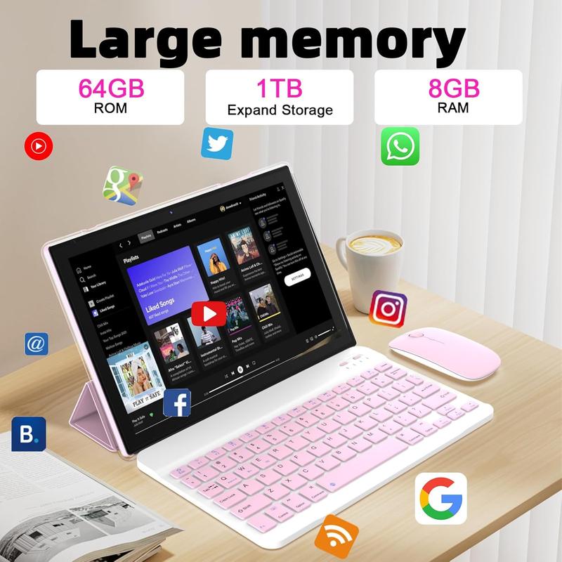 2024 Newest Android 14.0, 10.1 Inch Tablet with Keyboard Case, 8GB+64GB ROM 1TB Expand Tablets, Quad Core, HD Touch Screen, Dual Carema, Games, 2.4G 5G Wi-Fi 6, BT,  GMS Certified