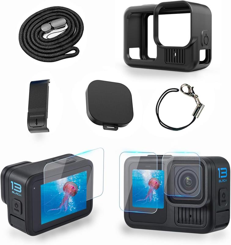 Sleeve Case for  Hero 13 Black, Accessories Kit Bundle of  Side Cover&Lens Guard Cap&a Set of Tempered Glass Screen Protectors&Lanyard for Go Pro Hero 13