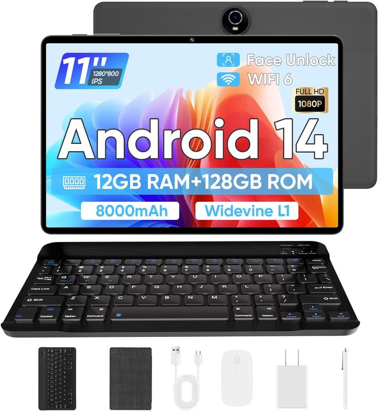 Android 14 Tablet, 2024 Newest 11 inch Android Tablets,12GB+128GB+1TB Expand, Support Face Unlock+18W Fast Charging, Octa-Core Tablet PC, WiFi6, Dual Camera,8000mAh Battery, 2in1 Tablet with Keyboard