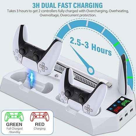 PS5   PS5 Slim Stand and Cooling Station with Dual Controller Charging Station for PlayStation 5 Console, PS5 Accessories Controller Charger, Cooling Fan, Headset Holder, 3 USB Hub