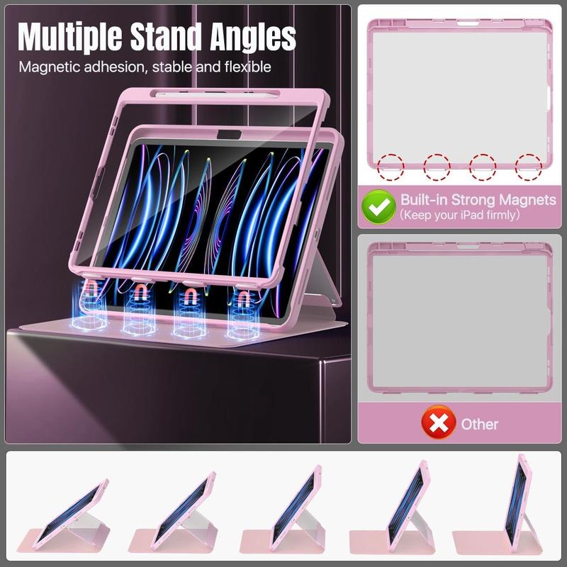 Case for iPad Pro 12.9 6th 5th 4th 3rd Generation 2022 2021 2020 2018 with Pencil Holder, iPad Pro 12.9 Case with Screen Protector Clear , Multi Angle Stand, Auto Wake Sleep, Nosegay Pink