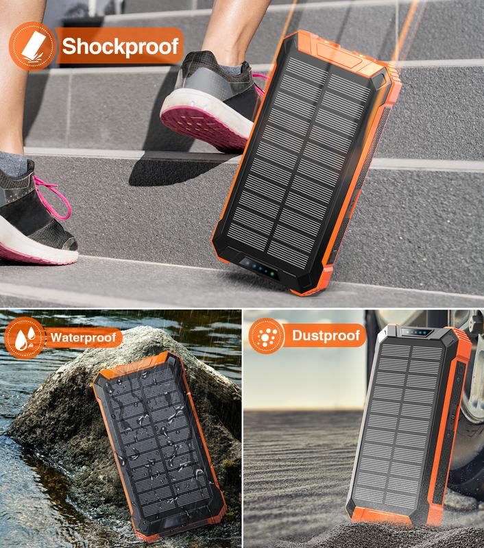 GOODaaa W22 36000mAh Solar Power Bank Wireless Charger Built in 4 Cables 6 Outputs 15W Fast Charging Power Bank for All Mobile Devices 3 Inputs Solar Portable Charger with Dual Flashlights, Carabiner