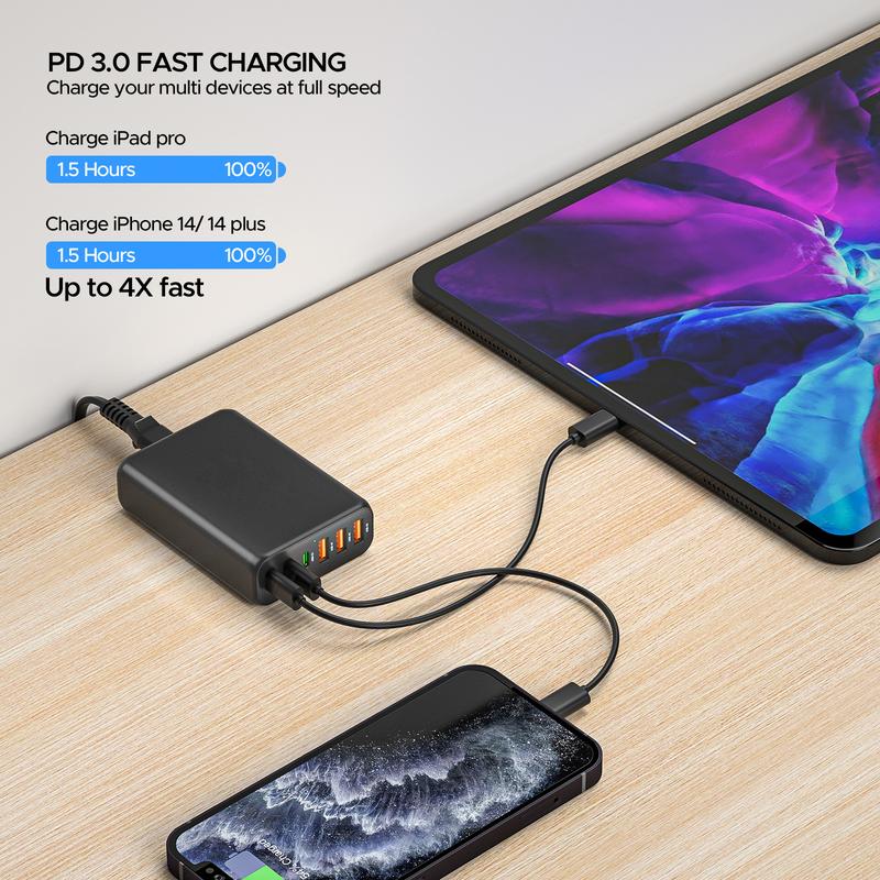 USB Charger, 6-Ports Fast Charging Power Adapter, Multi Ports Quick Charge Station for Home Office Travel Devices Portable