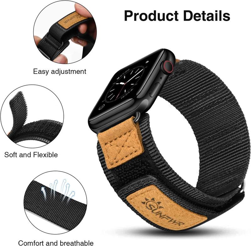 Sunfwr Watch Band Rugged Velcro Band for Apple Watch 42mm 44mm 45mm 49mm 38mm 40mm 41mm - Tough Nylon Strap with Three Buckle Loop Design - Compatible with iWatch Series 1-9 & SE Accessories Wearable Adjustable Male