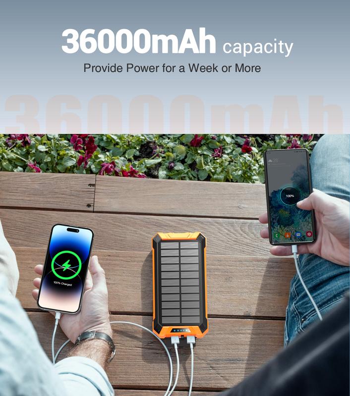 GOODaaa W22 36000mAh Solar Power Bank Wireless Charger Built in 4 Cables 6 Outputs 15W Fast Charging Power Bank for All Mobile Devices 3 Inputs Solar Portable Charger with Dual Flashlights, Carabiner