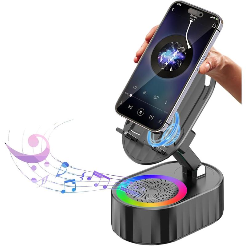 5in1 Phone Holder Emergency Rechargeable (3000mAh),Wireless Induction Audio Bluetooth Speaker  with Colorful Ambient Light 300° Foldable for Tablet iPhone Android, Gifts for Men Women (Black)