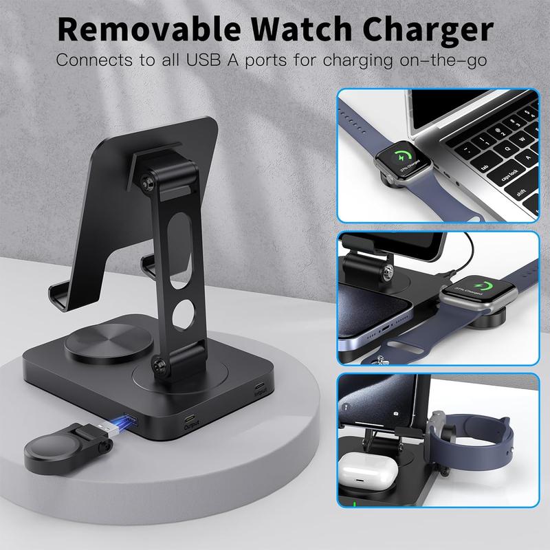 3 in 1 Wireless Charging Station for Multiple Devices Apple, Magsafe Charger for iPhone 16 15 Pro Max 14 13 12, Foldable Watch Charger for Apple Watch 9, Rotating iPad Charging Station with 45W Adapter fast charger