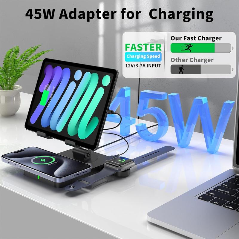 3 in 1 Wireless Charging Station for Multiple Devices Apple, Magsafe Charger for iPhone 16 15 Pro Max 14 13 12, Foldable Watch Charger for Apple Watch 9, Rotating iPad Charging Station with 45W Adapter fast charger