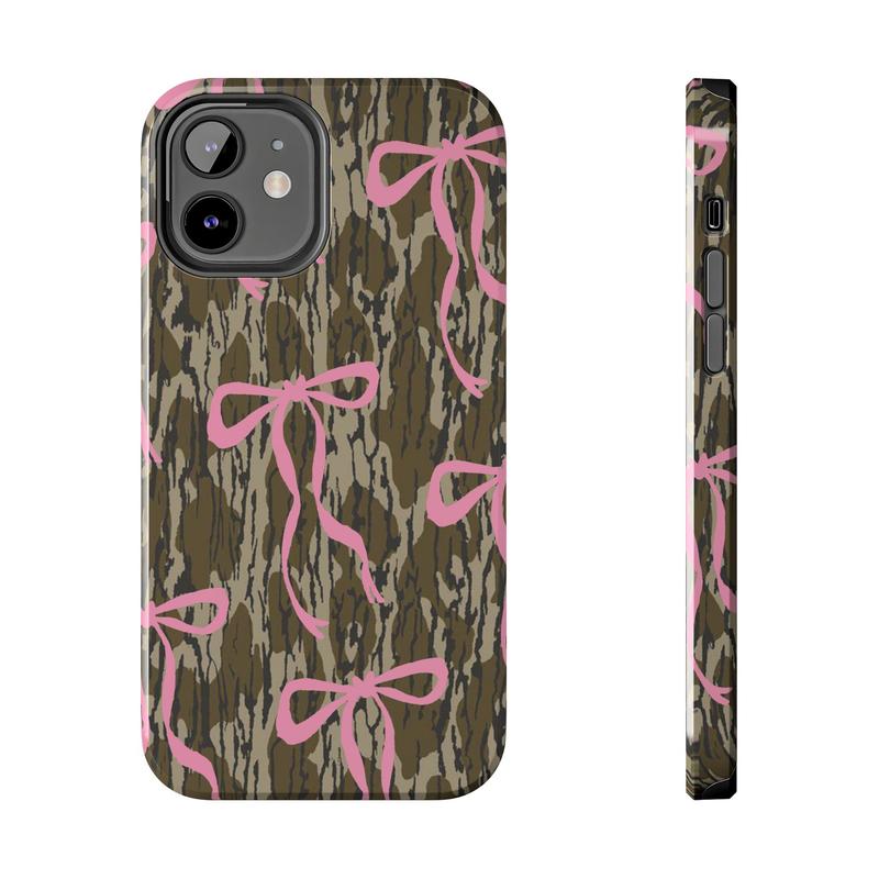 Camo Tough Case for iPhone, Mossy Oak Cute Pink Ribbon Bottomland Phone Case iPhone 16 15Pro, 14, 13, 12, 11, 8, XR Mini, Pro Max, Plus Accessories Protection Aesthetic Shockproof