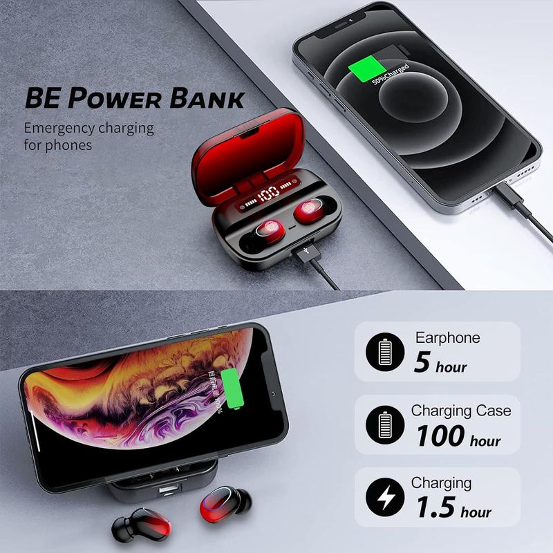 True wireless earphones with LED charging case, HiFi stereo in ear deep bass sports earbuds,  Android, iOS, mini  blue, red Audio Headphones