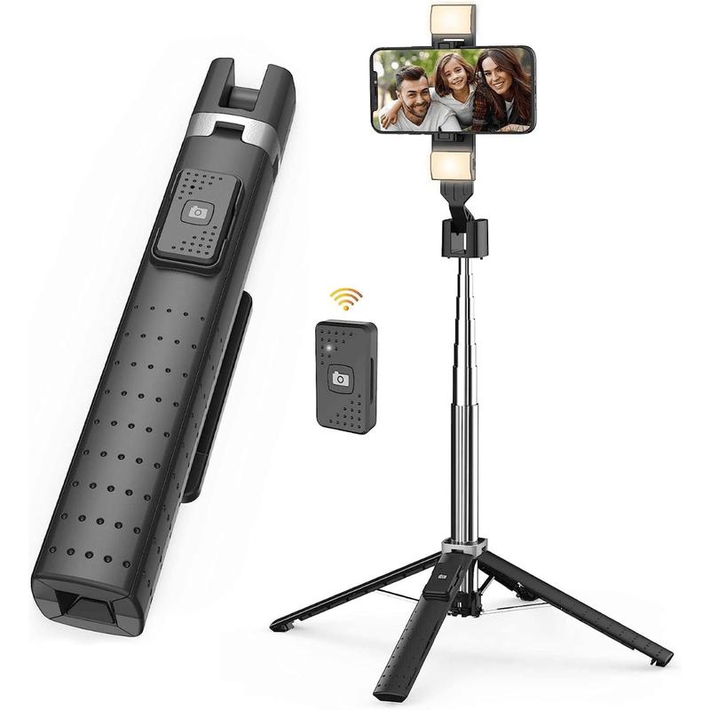 41” Selfie Stick Tripod Quadrapod with 2 Rechargeable Fill Light, Extendable Tripod with Bluetooth Remote, Stainless Steel, 3 Light Modes, 9 Brightness Levels, Compatible for All iPhone & Android