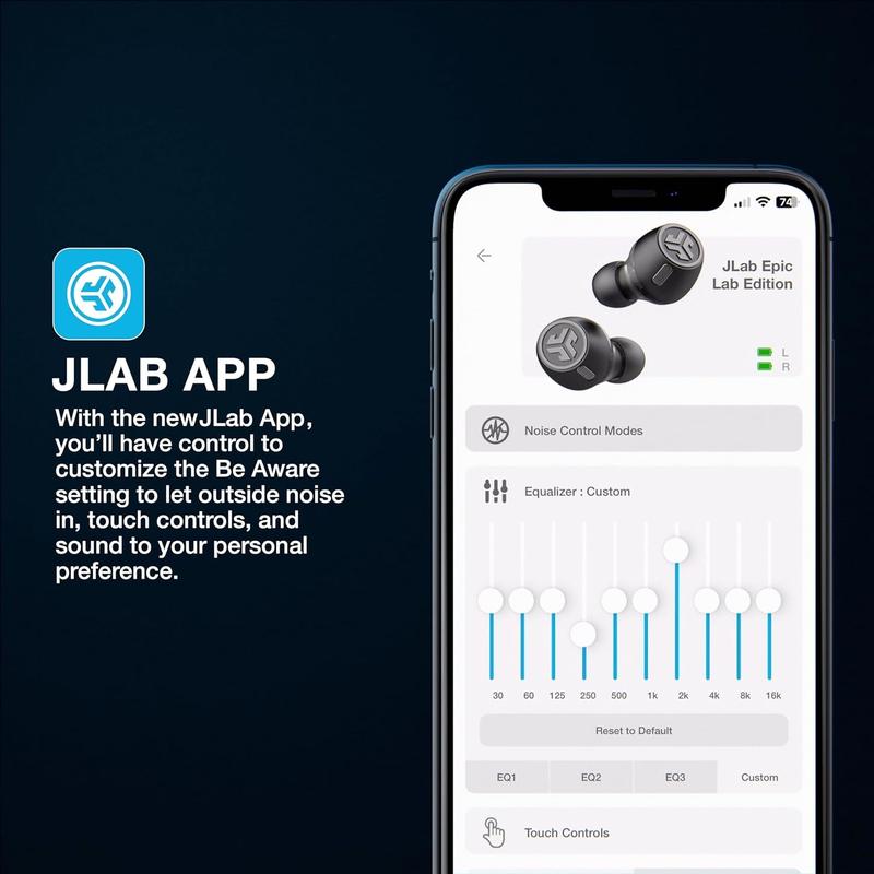 JLab Epic Lab Ed. Hybrid Active Noise Cancelling True Wireless Earbuds, Dual Drivers, Spatial Audio, Multipoint, Wireless Charging, Android iOS, Hi-Res Audio