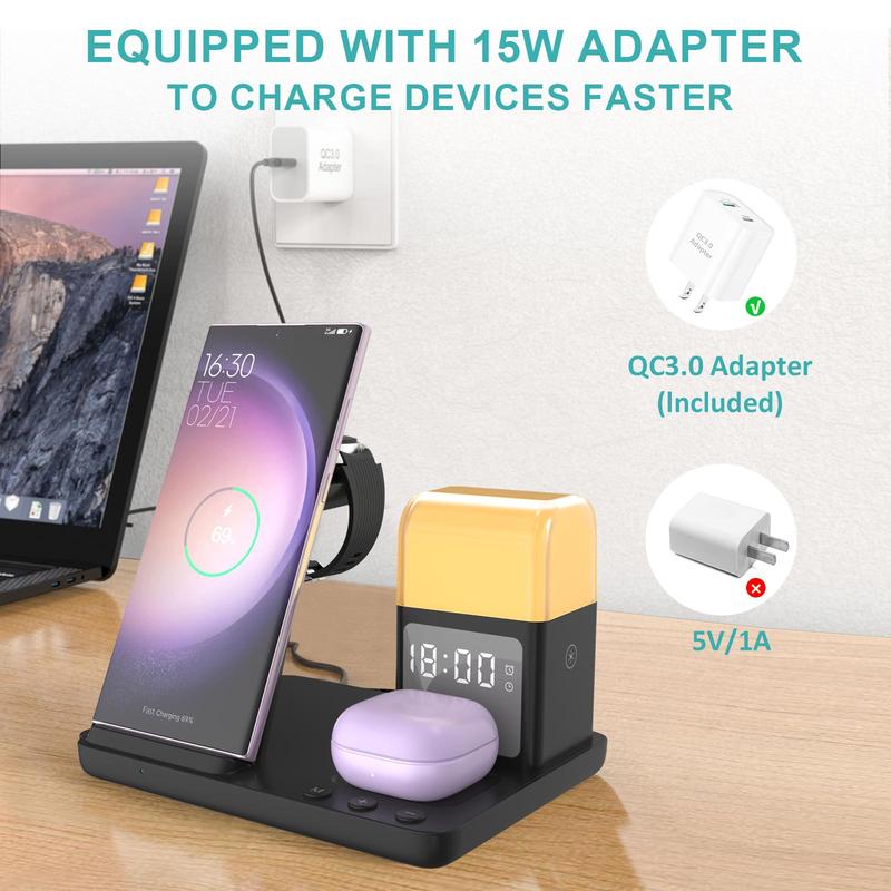 6-in-1 Wireless Charging Station, Multifunctional Wireless Charger Stand with Clock & Night Light, Charging Station for Samsung Galaxy Watch & Buds