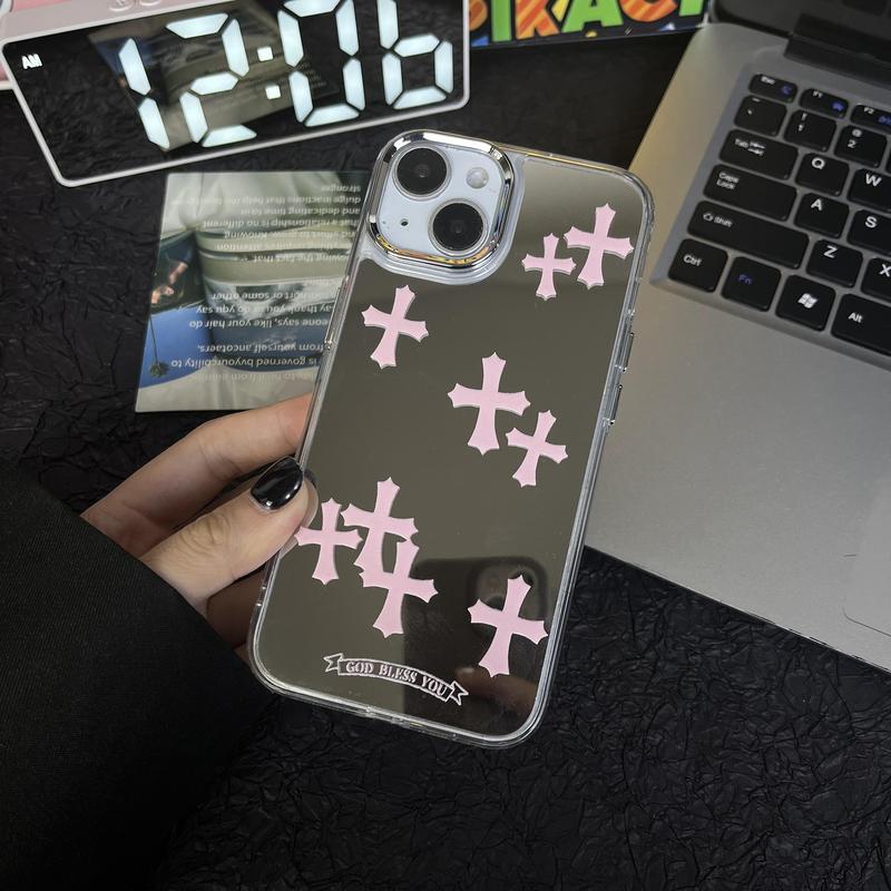 Suitable for iPhone 15 14 13 12 11 cross makeup mirror phone case, iPhone 15 pink cross makeup mirror high-end phone case