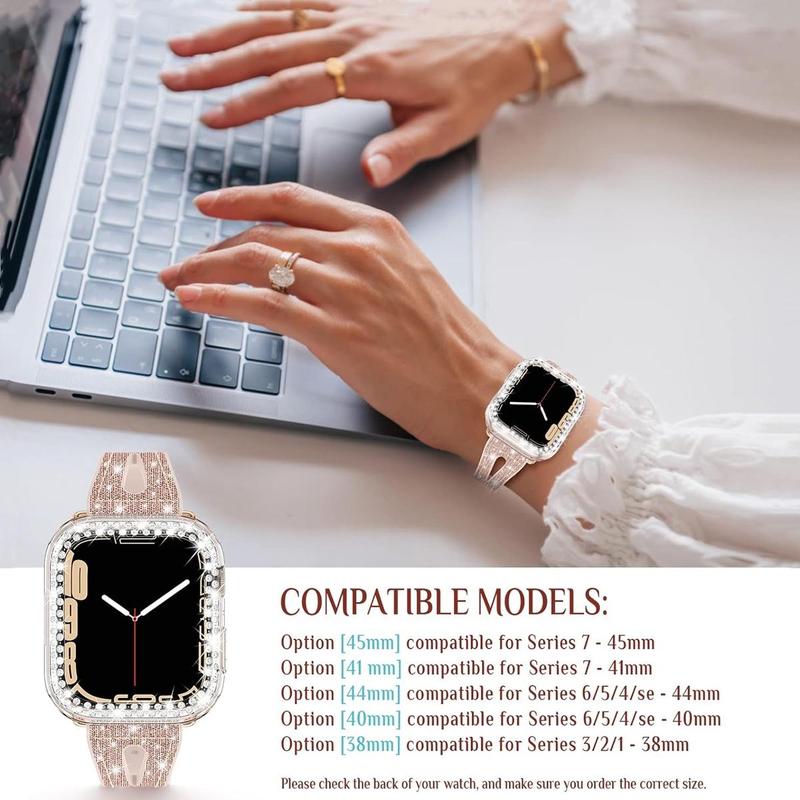 Women's Fashionable Watch Band & Rhinestone Decor Watch Case (2 Counts), 1 Watch Band & 1 Watch Case Set, Wearable Accessories Compatible With Apple Watch Case 38 40 41 42 44 45mm