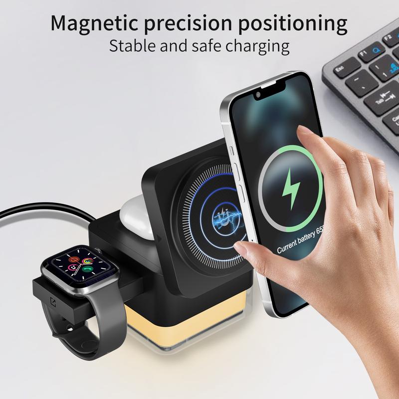 3 in 1 Cube Wireless Charger  , Foldable Charger Stand, 15W Fast Wireless Charging Station for iPhone 16 15 14 13 12 Pro Pro Max Mini Plus Series, Apple Watch, AirPods Pro (Black) Cellphone Smartphone Electronic Cellphone Smartphone