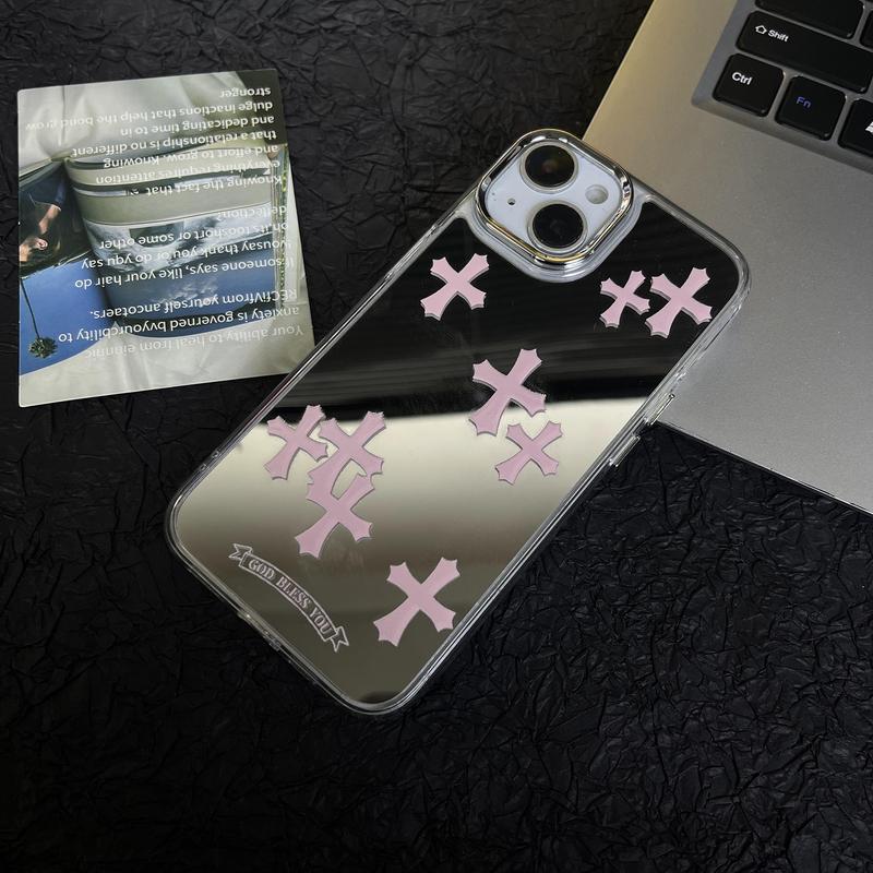 Suitable for iPhone 15 14 13 12 11 cross makeup mirror phone case, iPhone 15 pink cross makeup mirror high-end phone case