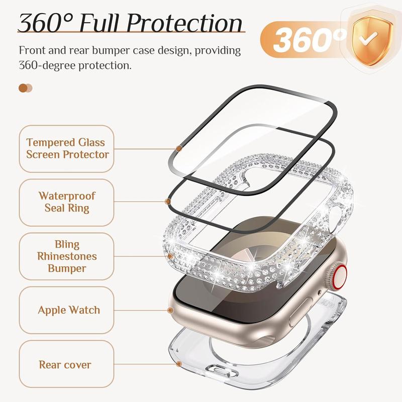 Rhinestone Decor Smart Watch Case, 1 Count Waterproof Smartwatch Case with Tempered Glass Film, Smartwatches Accessories, Fashionable Watch Protector Case Compatible with Apple Watch Series Ultra2 Ultra SE 9 8 7 6 5 4 Smart Watches