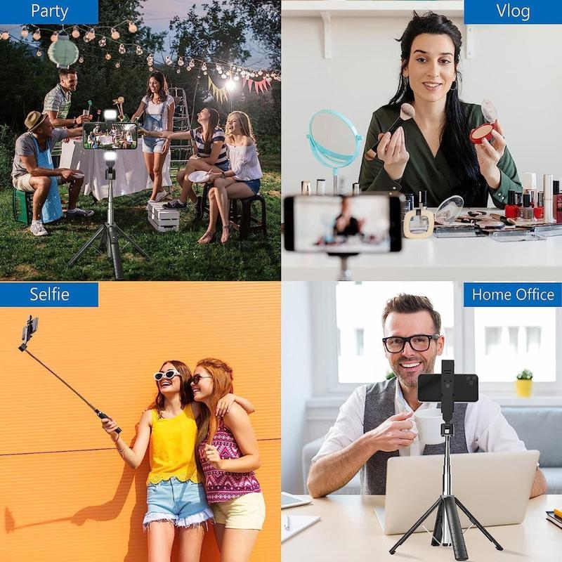 41” Selfie Stick Tripod Quadrapod with 2 Rechargeable Fill Light, Extendable Tripod with Bluetooth Remote, Stainless Steel, 3 Light Modes, 9 Brightness Levels, Compatible for All iPhone & Android