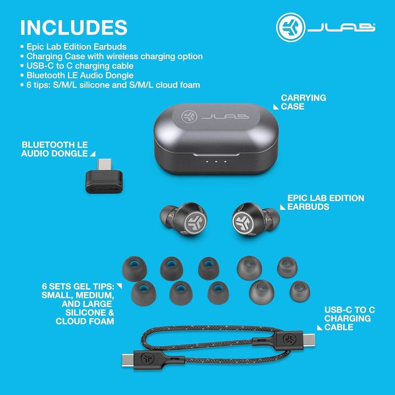 JLab Epic Lab Ed. Hybrid Active Noise Cancelling True Wireless Earbuds, Dual Drivers, Spatial Audio, Multipoint, Wireless Charging, Android iOS, Hi-Res Audio