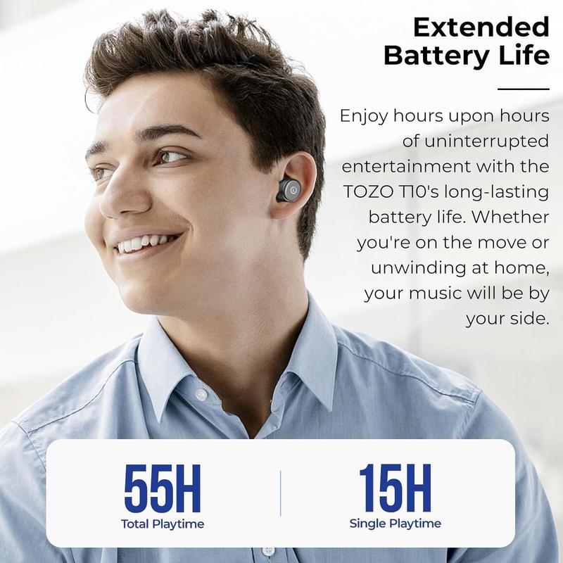 TOZO T10 (Ergonomic Edition) Wireless Earbuds Bluetooth 5.3 Headphones, App Customize EQ, Ergonomic Design, 55H Playtime, Wireless Charging Case, IPX8 Waterproof Sound in-Ear Headset, 2024 New Version