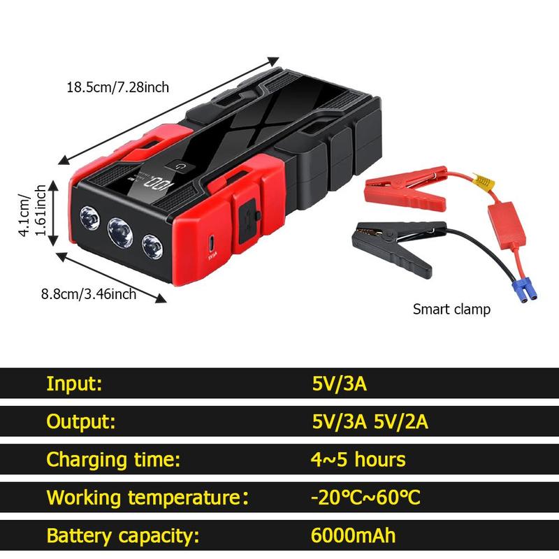 Portable Car Jump Starter, Car Emergency Booster with Light & Power Bank, Durable Car Emergency Mobile Power Battery Charger with Smart Clip, Jumper Powerbank