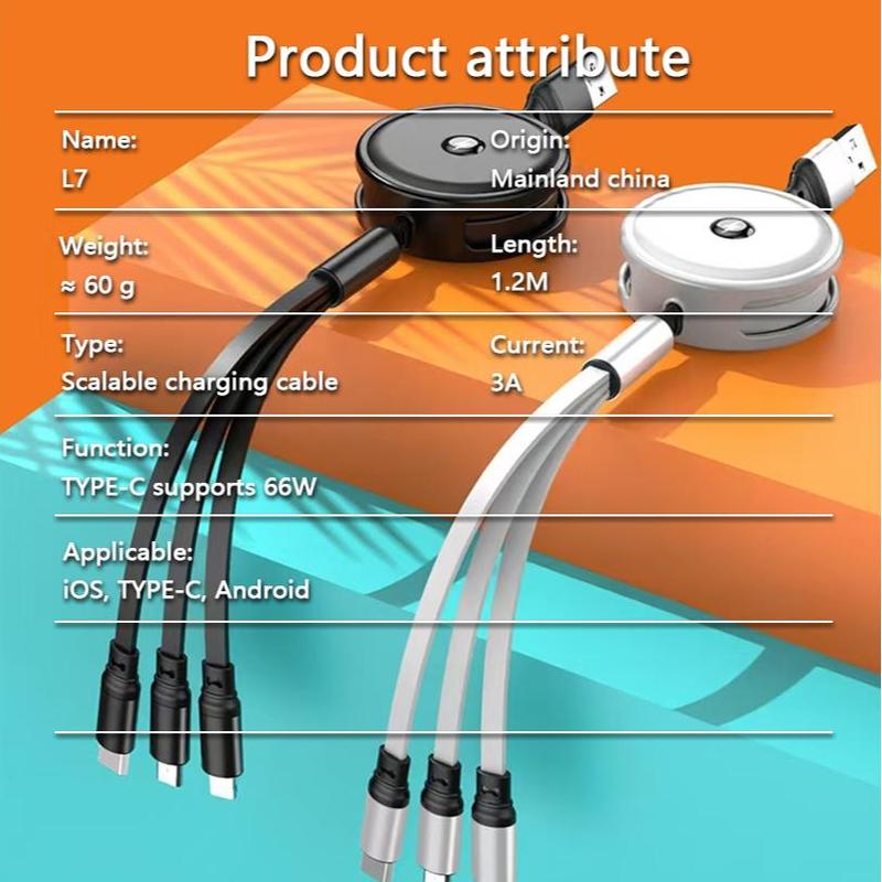 3-in-1 Retractable PD 66W Fast Charging Data Cable, USB-C Fast Charging Cable, Portable Charging Cable for Smart Devices