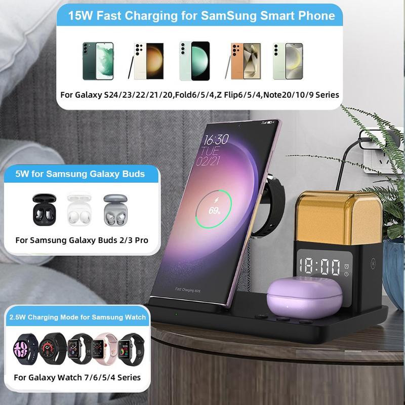 6-in-1 Wireless Charging Station, Multifunctional Wireless Charger Stand with Clock & Night Light, Charging Station for Samsung Galaxy Watch & Buds