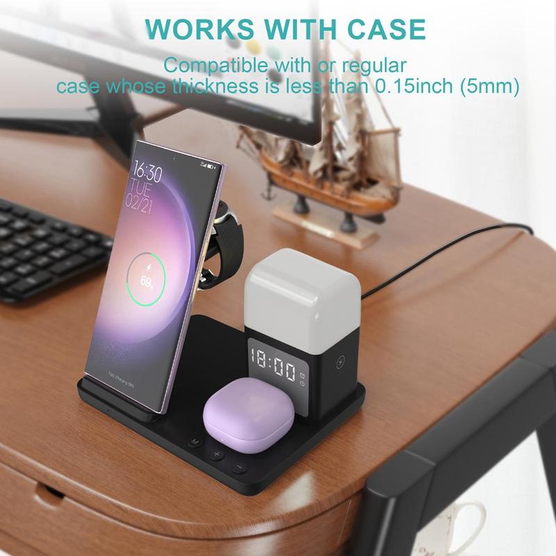 6-in-1 Wireless Charging Station, Multifunctional Wireless Charger Stand with Clock & Night Light, Charging Station for Samsung Galaxy Watch & Buds