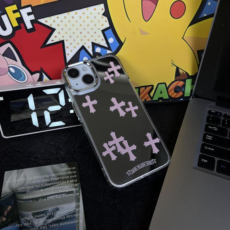 Suitable for iPhone 15 14 13 12 11 cross makeup mirror phone case, iPhone 15 pink cross makeup mirror high-end phone case