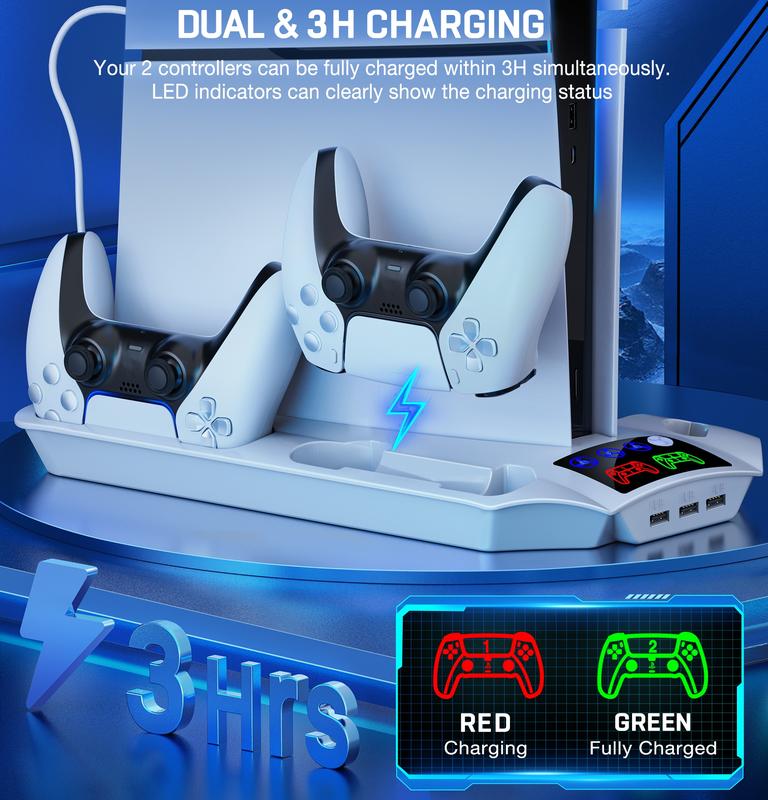 PS5 Slim Stand and Cooling Station with Controller Charging Station for  PS5 Pro PS5 Slim PS5 Disc Digital Console, PS5 Accessories 3 Levels Cooling Fan, 13 Game Slots, 3 USB HUB, Headset Holder