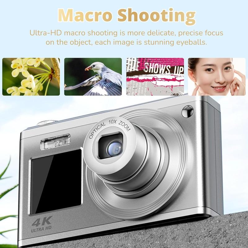 Digital Camera, 4K IPS 2.88in Kids Digital Camera, 10X Optical Zoom 750mAh Auto Focus, Retractable Lens Anti Shake Retro Video Vlog Camera for Teenagers Students (Silver) Full HD Camcorder with Remote and Fill Light