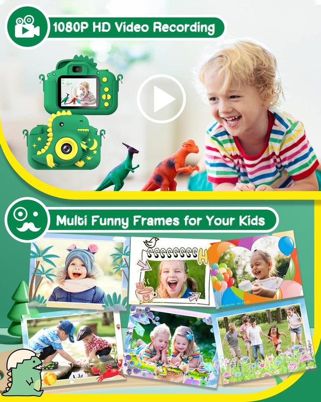 Kids Camera, Dinosaur Toddler Digital Camera for Ages 3-12 Boys Girls Childrens, Christmas Birthday Gifts, Selfie 1080P HD Video Camera for 3 4 5 6 7 8 9 Years Old Boys Girls Toys Gifts Rechargeable Card