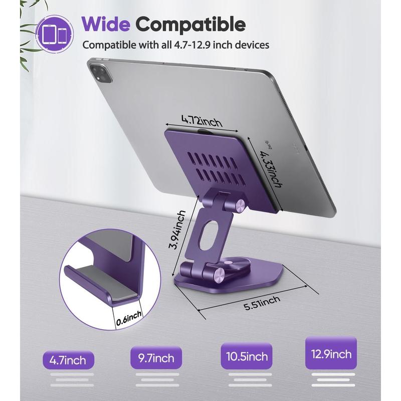 Tablet Stand Holder for Desk, Swivel iPad Stand with 360 Rotating Base, Aluminum Foldable Desktop Stand Holder Compatible with All Tablet Such as iPad Pro 12.9,11,10.5,9.7, Purple