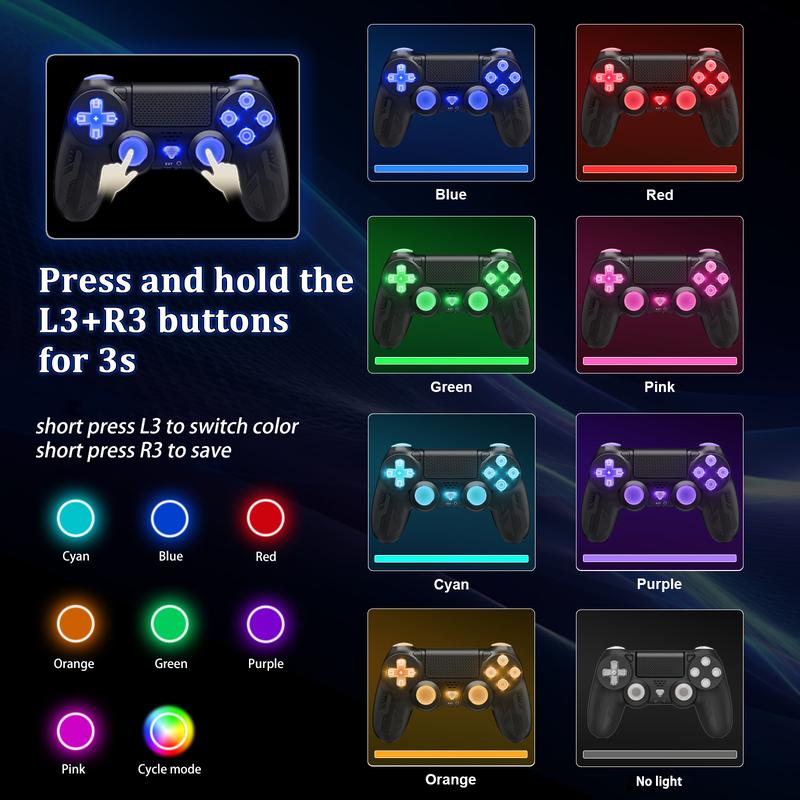 Wireless Controller for PS4, PS4 Controller with LED RGB Light Compatible with PlayStation 4 Slim Pro PC (Black)