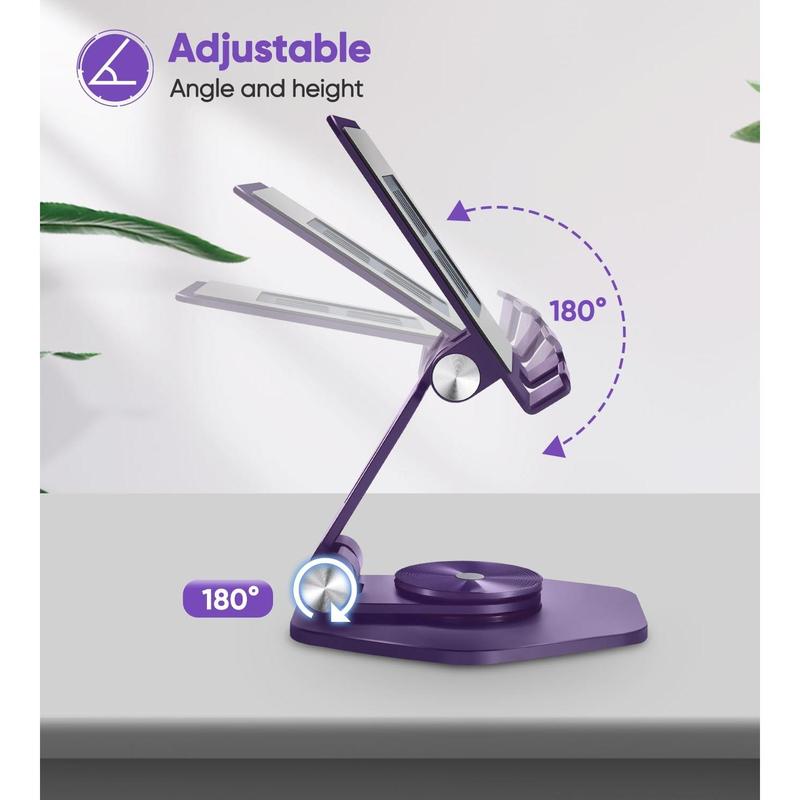 Tablet Stand Holder for Desk, Swivel iPad Stand with 360 Rotating Base, Aluminum Foldable Desktop Stand Holder Compatible with All Tablet Such as iPad Pro 12.9,11,10.5,9.7, Purple