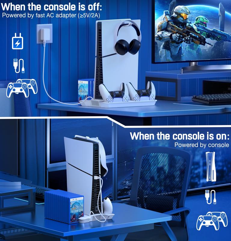 PS5 Slim Stand and Cooling Station with Controller Charging Station for  PS5 Pro PS5 Slim PS5 Disc Digital Console, PS5 Accessories 3 Levels Cooling Fan, 13 Game Slots, 3 USB HUB, Headset Holder