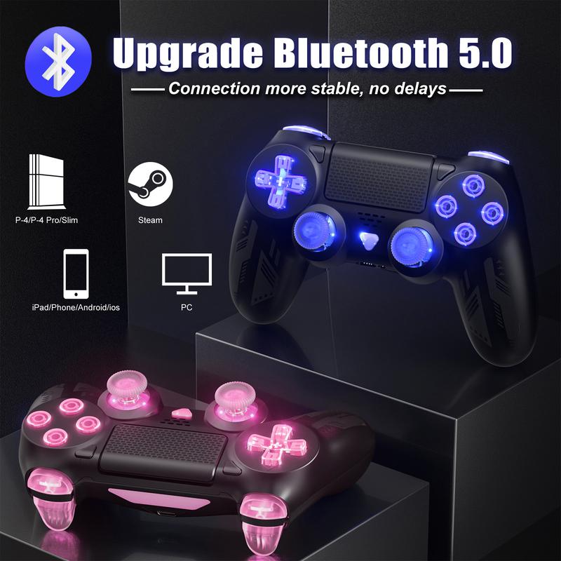 Wireless Controller for PS4, PS4 Controller with LED RGB Light Compatible with PlayStation 4 Slim Pro PC (Black)