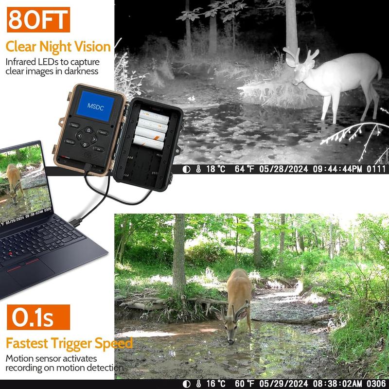 4K 48MP Trail Camera for Hunting, Game Cameras with Night Vision 80ft, 0.1s Motion Activated Wildlife Camera Waterproof IP66, No Glow Deer Camera with Screen SD Card Tree Strap for Outdoor Animal Audio