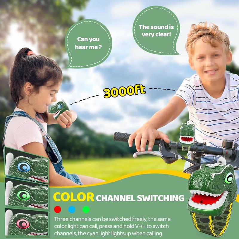 2 Pack Dinosaur Walkie Talkies with Adjustable Wristband for Kids - 3 Channel Long Range Camping Gear T-Rex Outdoor Toys, Birthday Gifts Christmas Stocking Stuffers for Boys Age 3-12