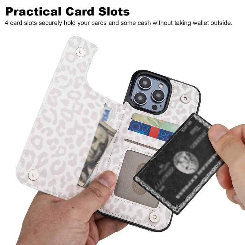 Phone Case Wallet with Card Holder and Kickstand for iPhone 12 13 14 15 15 Pro Max - White Leopard Back Flip Folio PU Leather Cover with Double Magnetic Clasp - Smartphone, Accessories