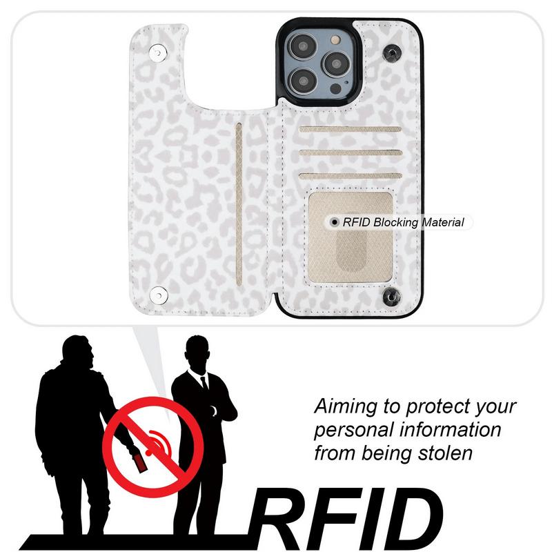 Phone Case Wallet with Card Holder and Kickstand for iPhone 12 13 14 15 15 Pro Max - White Leopard Back Flip Folio PU Leather Cover with Double Magnetic Clasp - Smartphone, Accessories