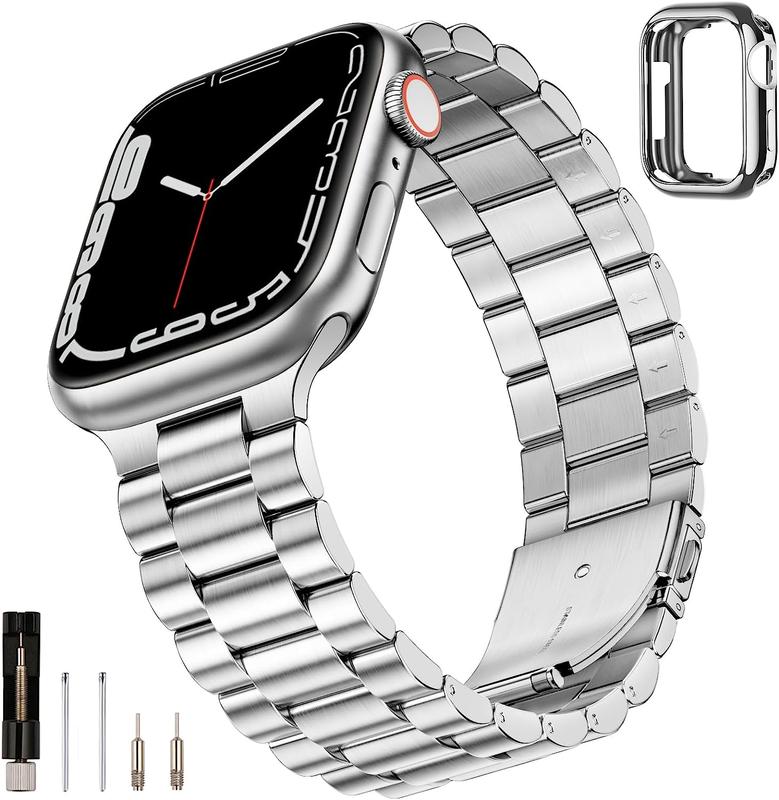 Stainless Steel Apple Watch Band and Case for Men and Women, Compatible with 45mm, 44mm, and 42mm Apple Watches, Suitable for Series 9 8 7 6 5 4 3 2 1 SE SE2 (Silver, 42mm 44mm 45mm) Accessories Wearable