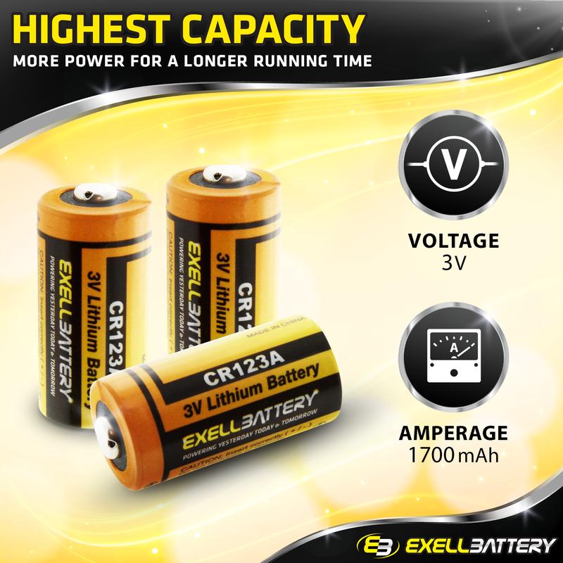 Exell Battery 3V Lithium Battery EB-CR123A Ideal for Flashlights, Cameras, High Drain Devices - Photo Battery Long-lasting Power & Rapid Flash Recovery