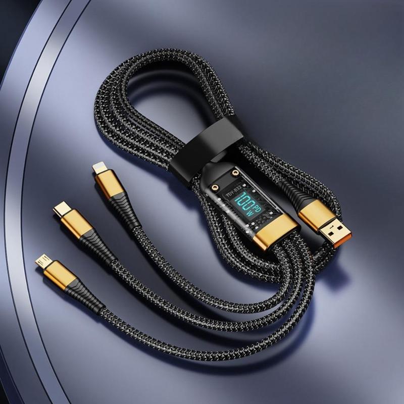 3 in 1 Fast Charging Cable, 100W Multipurpose Phone Charging Data Cable with Digital Display, Braided Design Real Time Fast Charging Cable for iPhone & Android