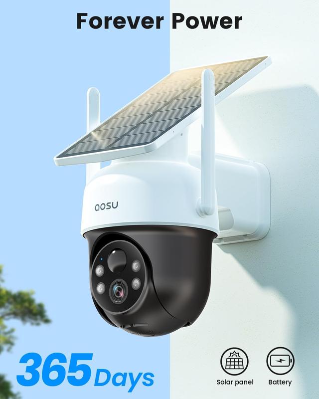 AOSU Solar Camera Security Outdoor - 100% Wire-Free Security Cameras Wireless Outdoor for Home Surveillance with Fixed Solar Panel, 360° Panoramic View, Human Auto Tracking, 2K Color Night Vision